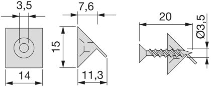 Bakveggfeste på skapet 9169715 trekantet, med kile, 15 mm, fra EMUCA, hvit. Teknisk tegning