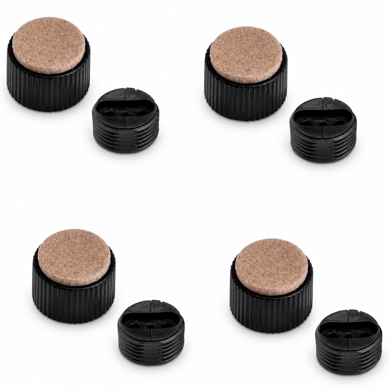 4 solide møbler, lastekapasitet: 600 kg (1323 lbs), overflate: svart, ⌀25 mm (63/64"), versjon: med filtpute, B573-25-BK. Justerbar base for møbler, bord, skap, bordben og mye mer, av Kojima (Japan)
