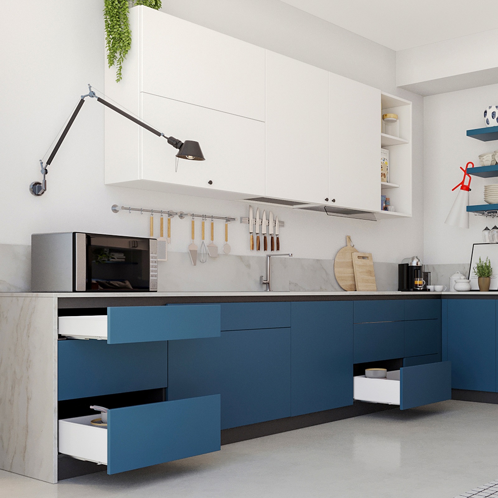 Skuffesett, med ekstra tynne rammer, høyde: 88 mm (3-15/32"), flate: hvit, 440 mm (17-21/64"), versjon: delvis forlengelse med push-to-open, 3275312 skuffsett for kjøkkenmøbler og mye mer, fra EMUCA - Bilde 8