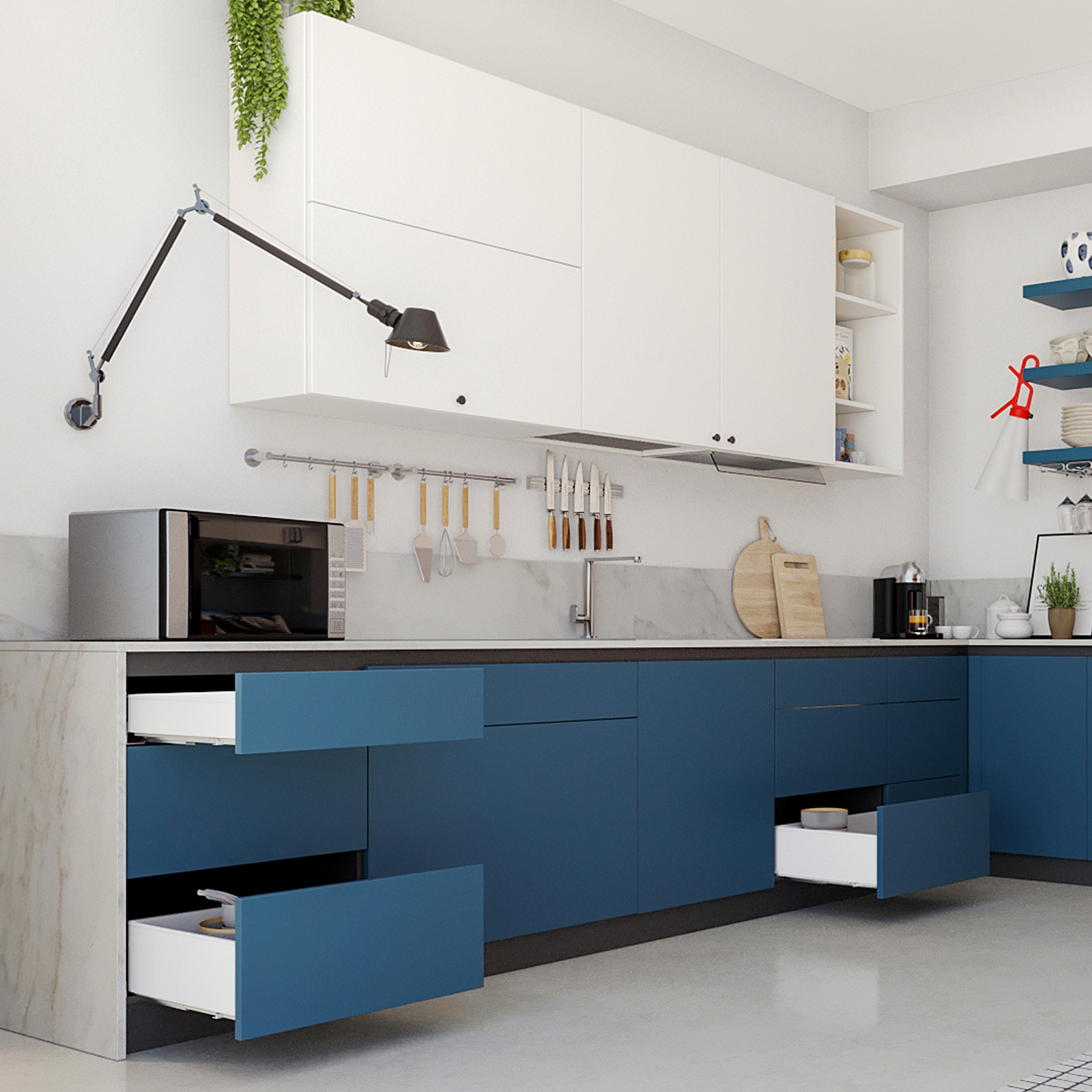 Skuffesett, med ekstra tynne rammer, stammehøyde 88 mm (3-15/32"), overflate: hvit, 300 mm (11-13/16"), versjon: delvis uttrekk med soft-close, 3275012. Praktisk skuffesett for kjøkkenmøbler og mye mer, fra EMUCA - Bilde 9