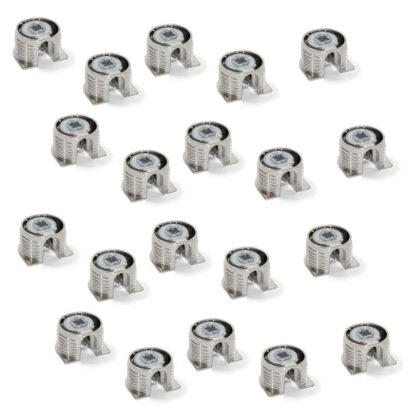 20 stykker stabil eksentrisk tilkobling ⌀20 mm med flens og klo ytre kappe for platetykkelse 16 mm (5/8"), laget av Zamak, 8470907. Robust eksentrisk kobling for møbeltilkobling og mye mer, av EMUCA